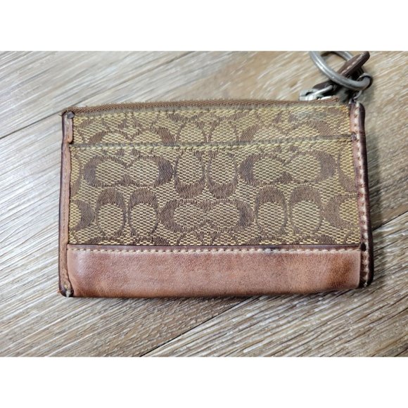 Coach Brown Signature Canvas Leather Trim Women Card Holder Wallet Keyring Zip - Picture 4 of 9